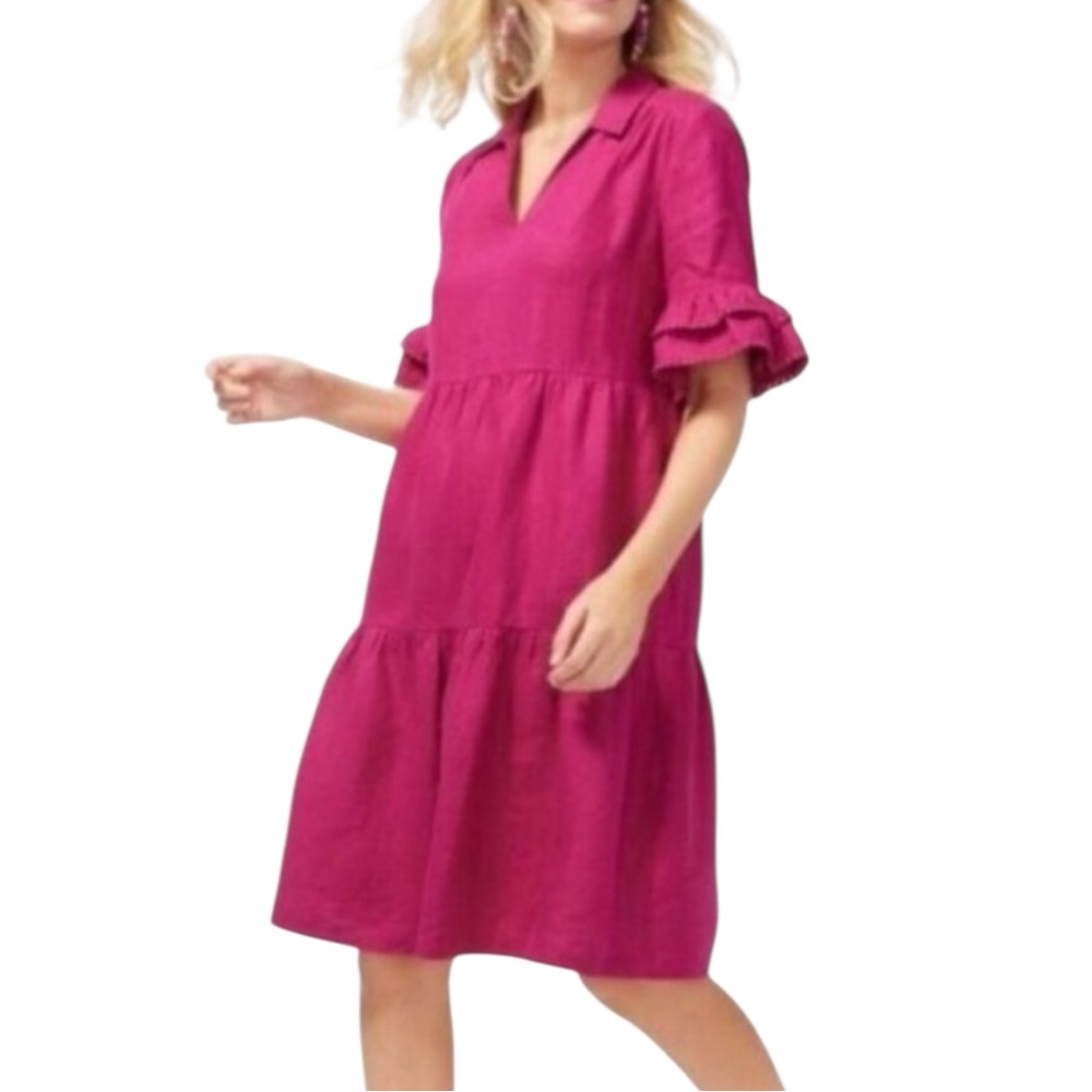 NWT Chicos Linen Fuchsia Pink Ruffle Flutter Sleeve Midi Dress Pockets Size 00